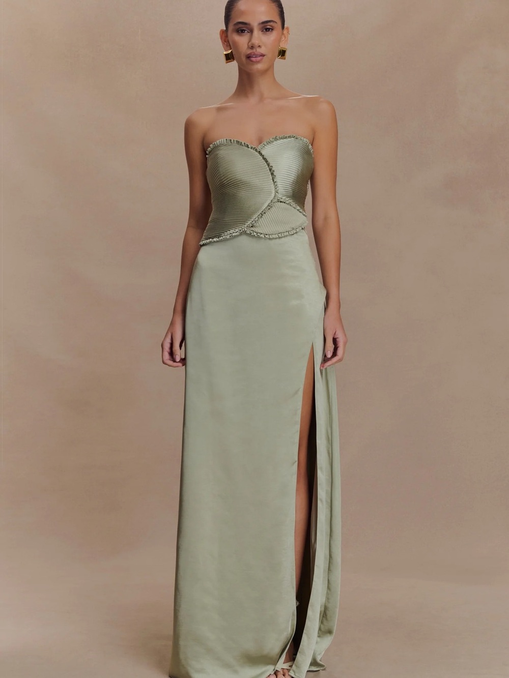 Meshki Sage Green Strapless Satin Gown